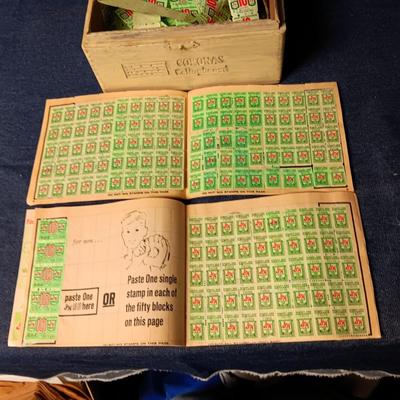 SEVERAL BOOKS AND SINGLE S & H GREEN STAMPS IN A WOODEN CIGAR BOX