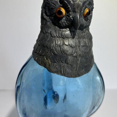 Antique Very Scarce Blue Glass Owl Decanter with Stopper 8" Tall in VG Preowned Condition.