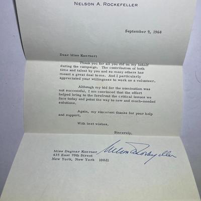 Nelson Rockefeller Hand Signed Letter Dated 1968 in Very Good Preowned Condition.