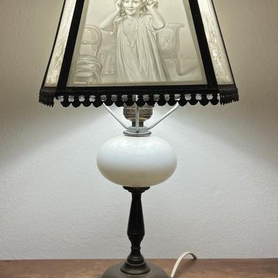 Antique Scarce Lithophane Slag Glass Desk Lamp c1870's in VG Preowned Condition as Pictured,