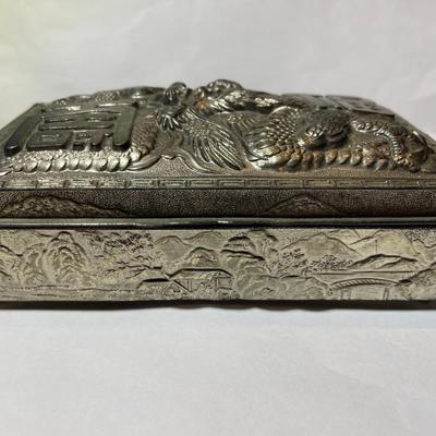 Vintage Asian Silver-toned Metal Dragon Hinged Trinket Box in VG Preowned Condition as Pictured.