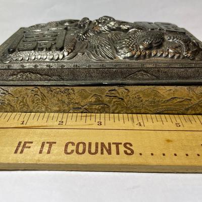 Vintage Asian Silver-toned Metal Dragon Hinged Trinket Box in VG Preowned Condition as Pictured.