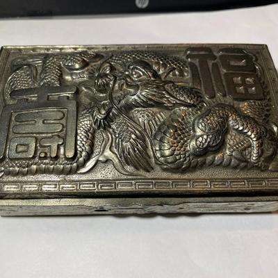 Vintage Asian Silver-toned Metal Dragon Hinged Trinket Box in VG Preowned Condition as Pictured.