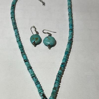VINTAGE Sterling Silver 16"-18" Adjustable Turquoise Necklace w/Pendant & Earrings in Good Preowned Condition as Pictured.