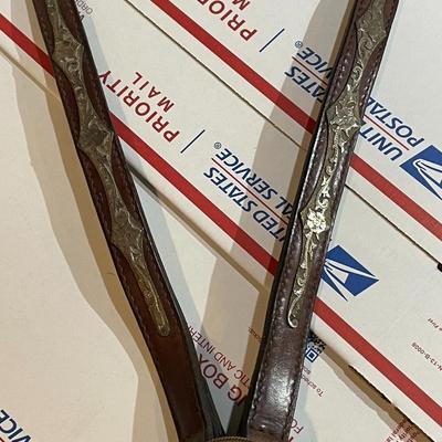 Antique/Vintage Horse Tooled Leather Bridle Breast Collar with Screwed Sterling Silver Overlaid Mexico Applications & w/Double Buckle