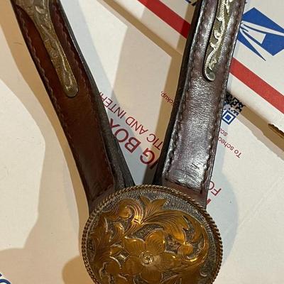 Antique/Vintage Horse Tooled Leather Bridle Breast Collar with Screwed Sterling Silver Overlaid Mexico Applications & w/Double Buckle