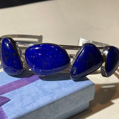 Jay King (DTR) Heavy Sterling Silver New Never Used Fashion Lapis Cuff Bracelet Size for a 7.5" Wrist Preowned from an Estate.