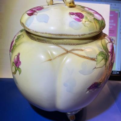 Vintage NIPPON Hand Painted Unmarked Base Covered Footed Bowl 8.25" Tall in VG Preowned Condition as Pictured.