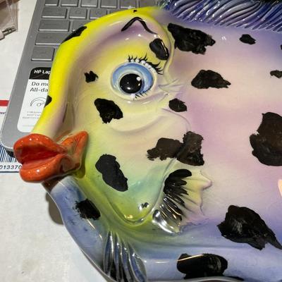 Whimsical "Fancy Fish" Decorative Platter by Lulu Beth 9.5" x 12" in Fair-Good Condition w/Some Crazing.