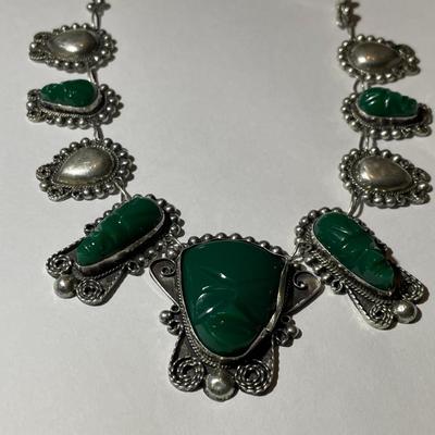 Vintage Mexican/Mayan Sterling Silver .925 Green Onyx Carved Face Necklace 16" Long 44.6Grams TW as Pictured.