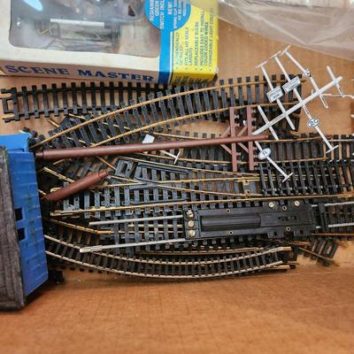 Box lot of HO Train Accessories Track Signs Trees Buildings