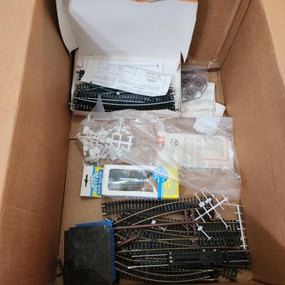Box lot of HO Train Accessories Track Signs Trees Buildings