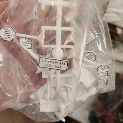 Box lot of HO Train Accessories Track Signs Trees Buildings