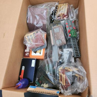 Box lot of HO Train Accessories Track Signs Trees Buildings