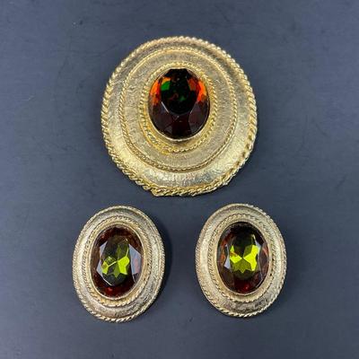 -76- JEWELRY | Topaz Gold Colored Brooch & Clip Earrings