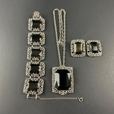-86- SARAH COVENTRY | Black Stone Pendant, Bracelet, & Earrings Set | Marked