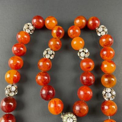 -92- COSTUME JEWELRY | Amber Plastic Bead & Rhinestone Necklace | Beaded Leather Back Pin