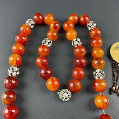 -92- COSTUME JEWELRY | Amber Plastic Bead & Rhinestone Necklace | Beaded Leather Back Pin