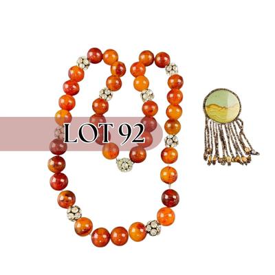 -92- COSTUME JEWELRY | Amber Plastic Bead & Rhinestone Necklace | Beaded Leather Back Pin