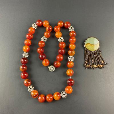 -92- COSTUME JEWELRY | Amber Plastic Bead & Rhinestone Necklace | Beaded Leather Back Pin