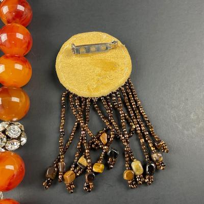 -92- COSTUME JEWELRY | Amber Plastic Bead & Rhinestone Necklace | Beaded Leather Back Pin