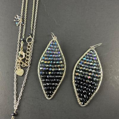 -100- COSTUME JEWELRY | Blue Beaded Necklace & Earrings Set | Marked