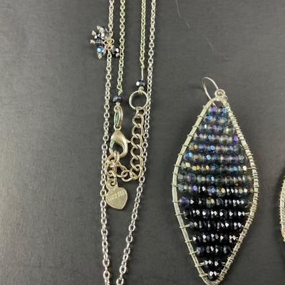 -100- COSTUME JEWELRY | Blue Beaded Necklace & Earrings Set | Marked