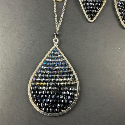 -100- COSTUME JEWELRY | Blue Beaded Necklace & Earrings Set | Marked