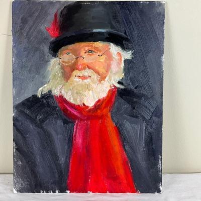 142 Original Oil Painting on Board Man with Red Scarf and Hat by Kathie Rogers