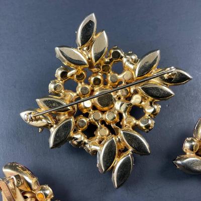 -103- DEMI KRAMER | Peacock Molded Glass Gold, Purple, Red, Rhinestone Brooch & Earrings | Marked