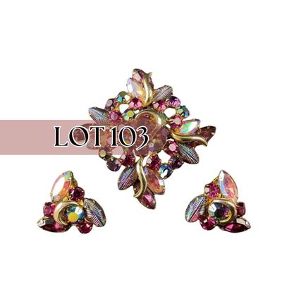 -103- DEMI KRAMER | Peacock Molded Glass Gold, Purple, Red, Rhinestone Brooch & Earrings | Marked