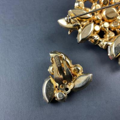 -103- DEMI KRAMER | Peacock Molded Glass Gold, Purple, Red, Rhinestone Brooch & Earrings | Marked