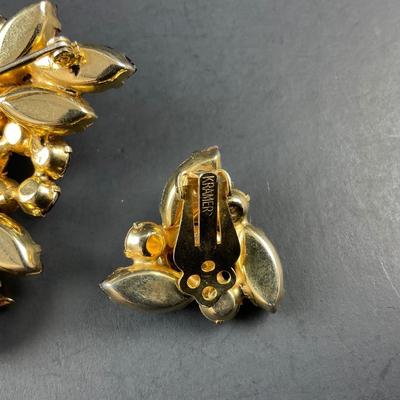 -103- DEMI KRAMER | Peacock Molded Glass Gold, Purple, Red, Rhinestone Brooch & Earrings | Marked