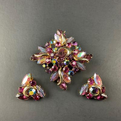 -103- DEMI KRAMER | Peacock Molded Glass Gold, Purple, Red, Rhinestone Brooch & Earrings | Marked