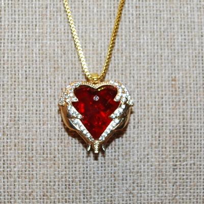 Large Deep Red HEART Stone PENDANT (1" x 1") with Accents on a Gold Tone ADJUSTABLE Necklace Chain 15"-17" L