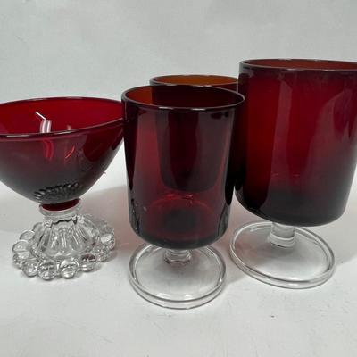 3 Vintage Red Luminarc Stemmed Glasses and Vintage Anchor Hocking Ruby Red Bubble Foot Champagne Glass