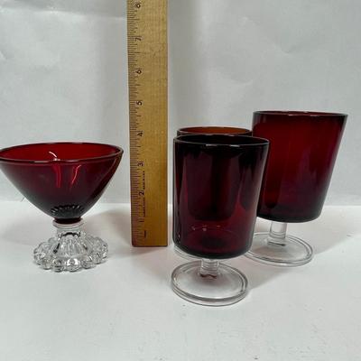 3 Vintage Red Luminarc Stemmed Glasses and Vintage Anchor Hocking Ruby Red Bubble Foot Champagne Glass