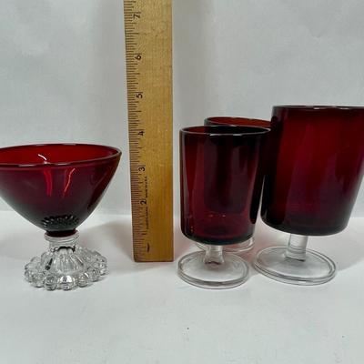 3 Vintage Red Luminarc Stemmed Glasses and Vintage Anchor Hocking Ruby Red Bubble Foot Champagne Glass