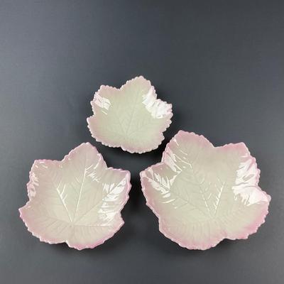 -111- BELLEEK | Three Ireland Pink Trim Leaf Dishes | 6th Mark