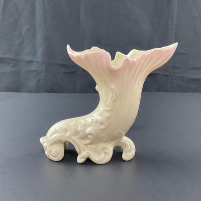 -114- BELLEEK | Fermanagh Cornucopia Spill Vase With Pink | 6th Mark