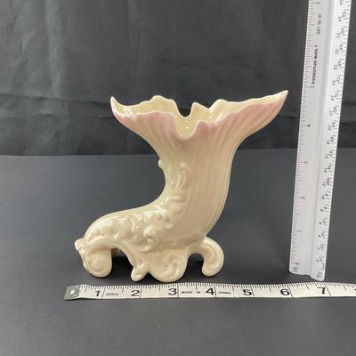 -114- BELLEEK | Fermanagh Cornucopia Spill Vase With Pink | 6th Mark