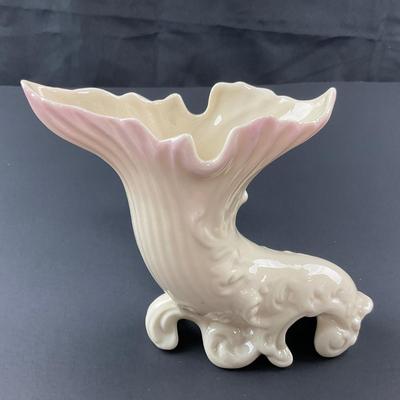 -114- BELLEEK | Fermanagh Cornucopia Spill Vase With Pink | 6th Mark