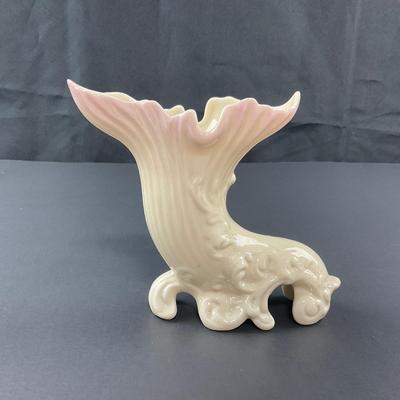-114- BELLEEK | Fermanagh Cornucopia Spill Vase With Pink | 6th Mark