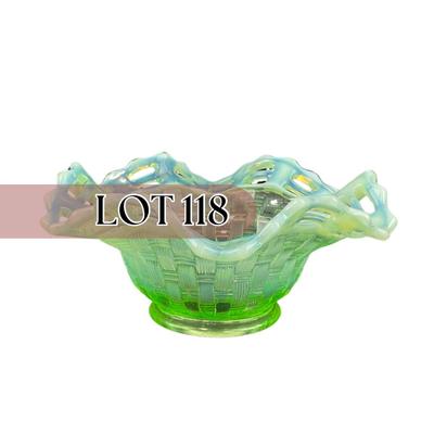 -118- URANIUM | Fenton Green Opalescent Basketweave Bowl