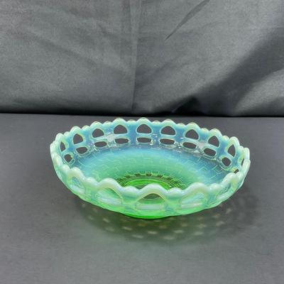 -119- URANIUM | Fenton Green Open Lace Opalescent Basketweave Bowl