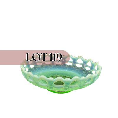 -119- URANIUM | Fenton Green Open Lace Opalescent Basketweave Bowl