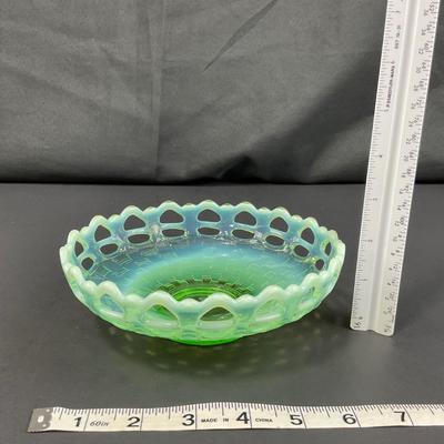 -119- URANIUM | Fenton Green Open Lace Opalescent Basketweave Bowl