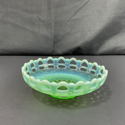 -119- URANIUM | Fenton Green Open Lace Opalescent Basketweave Bowl