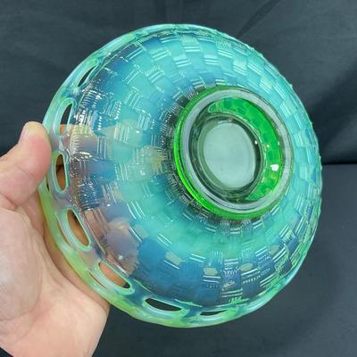 -119- URANIUM | Fenton Green Open Lace Opalescent Basketweave Bowl