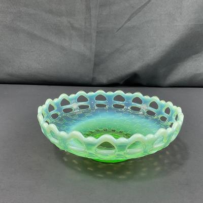 -119- URANIUM | Fenton Green Open Lace Opalescent Basketweave Bowl